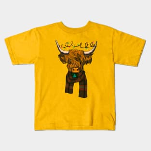 Scottish Highland Cow With Christmas Lights Kids T-Shirt